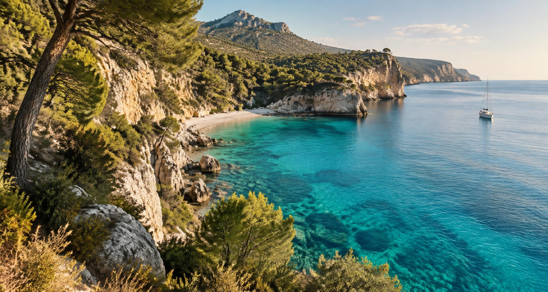 A peaceful Mediterranean cove with turquoise water and a sailboat